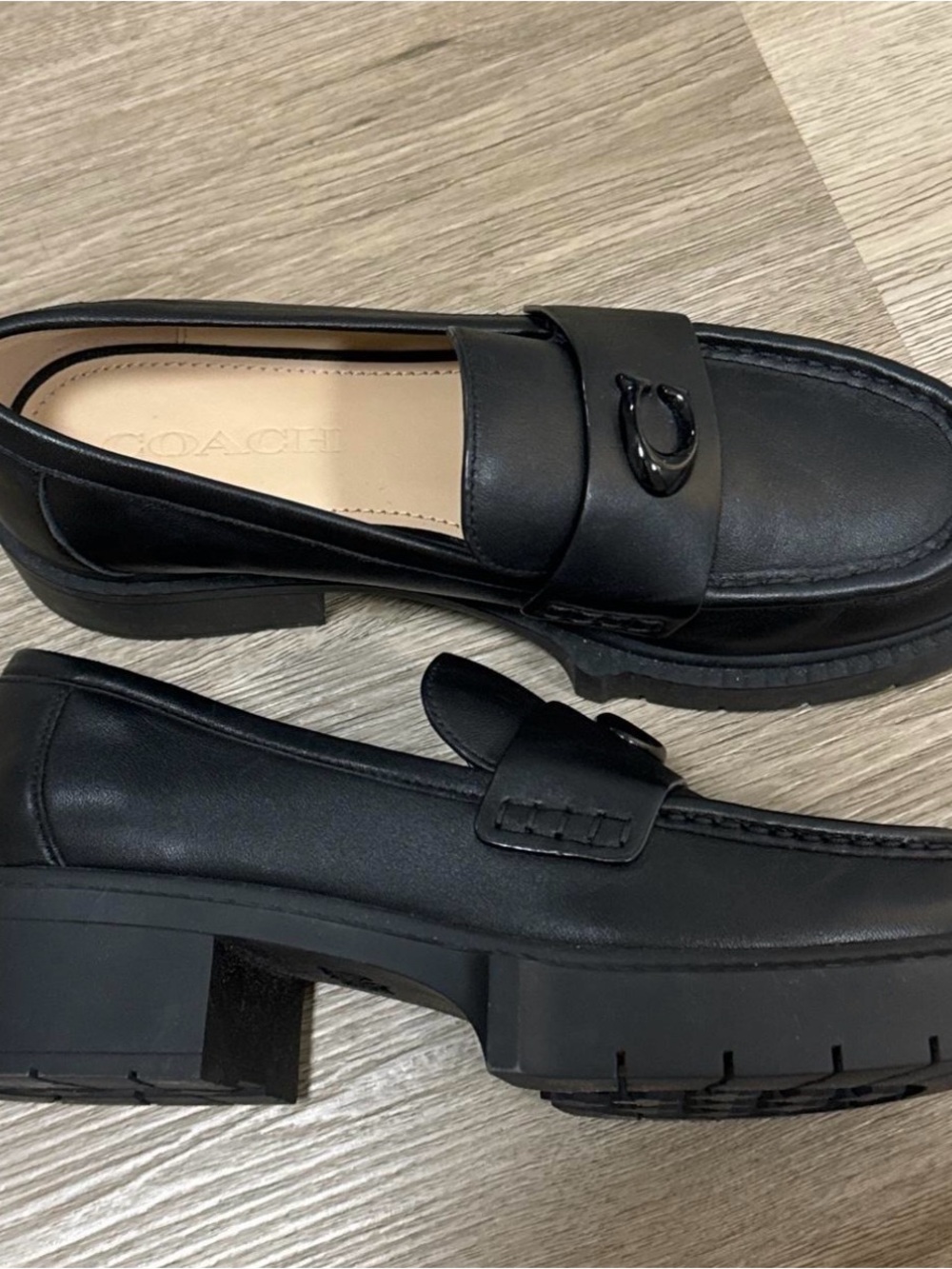 Coach Black Leather Lug-Sole Loafers with Signature Hardware - Picture 3 of 7